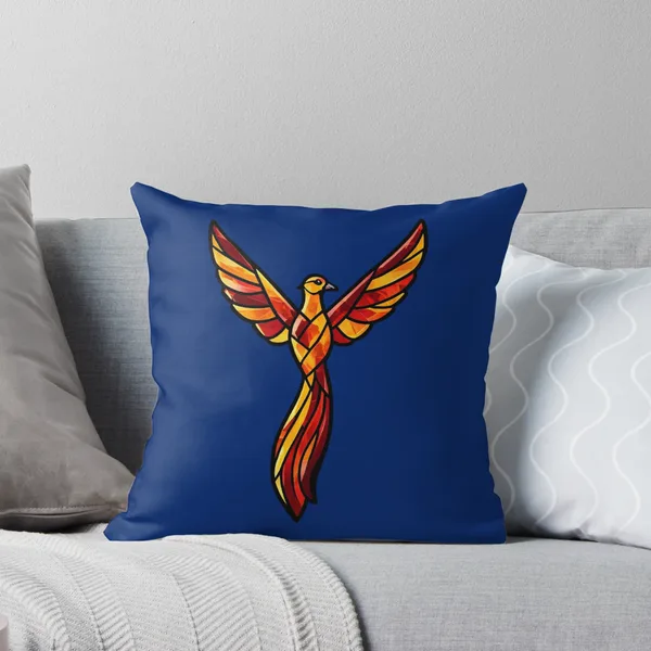 Amber Firebird Rising in Stained Glass on Navy: Throw Pillow