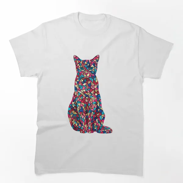 Mosaic Cat Sitting in Red Blue and Gold Tiles: Classic T-Shirt