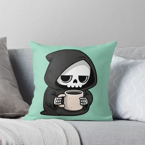 Grim Reaper Coffee Cute Sleepy Skeleton on Mint: Throw Pillow