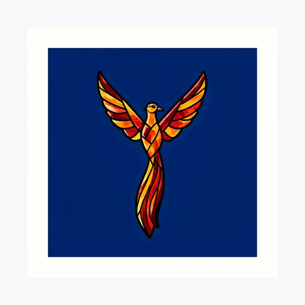 Amber Firebird Rising in Stained Glass on Navy: Art Print