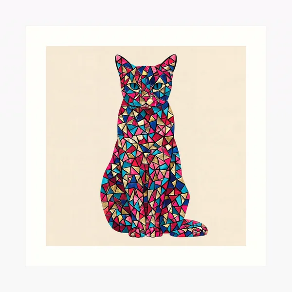 Mosaic Cat Sitting in Red Blue and Gold Tiles: Art Print