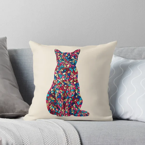 Mosaic Cat Sitting in Red Blue and Gold Tiles: Throw Pillow
