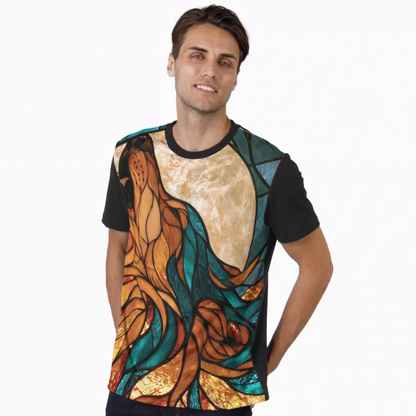 Wolf Moon Howling in Burnt Orange Leaded Glass: Graphic T-Shirt