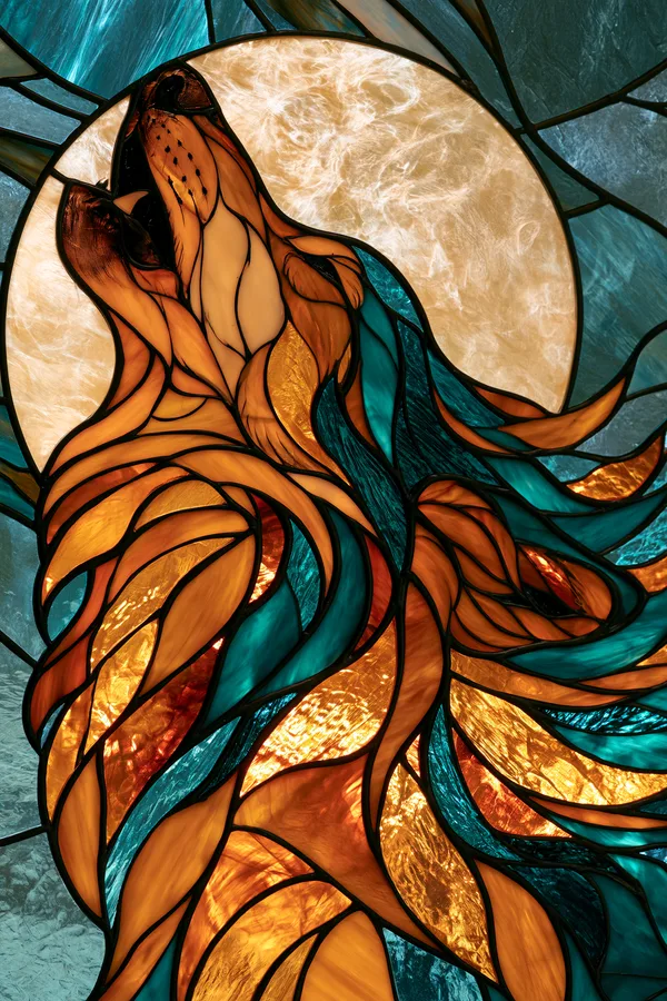 Wolf Moon Howling in Burnt Orange Leaded Glass: The design